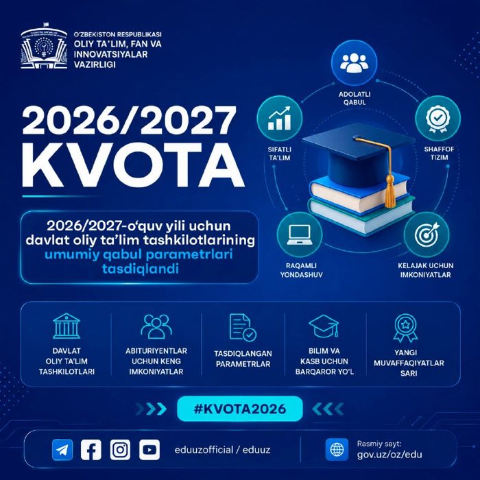 2026/2027-o'quv yili uchun davlat oliy ta'lim tashkilotlari umumiy qabul parametrlari tasdiqlandi