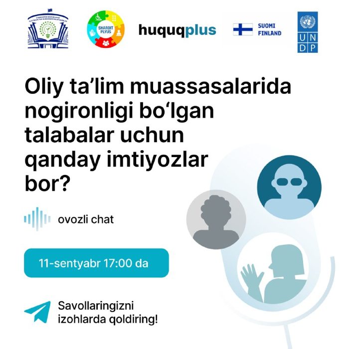 Ayni paytda “Oliy ta’lim muassasalarida nogironligi bo‘lgan talabalar uchun qanday imtiyozlar bor?” mavzusida Oliy ta’lim, fan va innovatsiyalar vazirligi vakillari bilan ochiq chat bo‘lib o‘tmoqda.