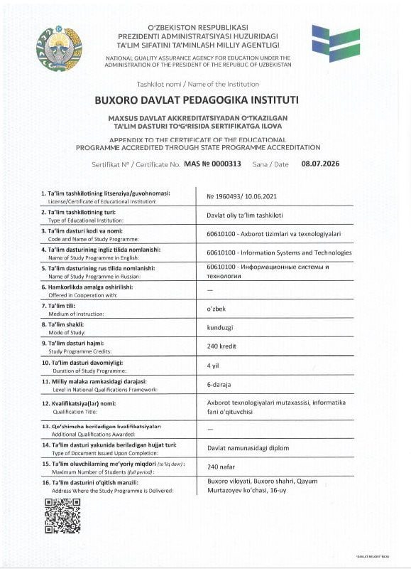 Two Educational Programs of Bukhara State Pedagogical Institute Successfully Passed Specialized State Accreditation